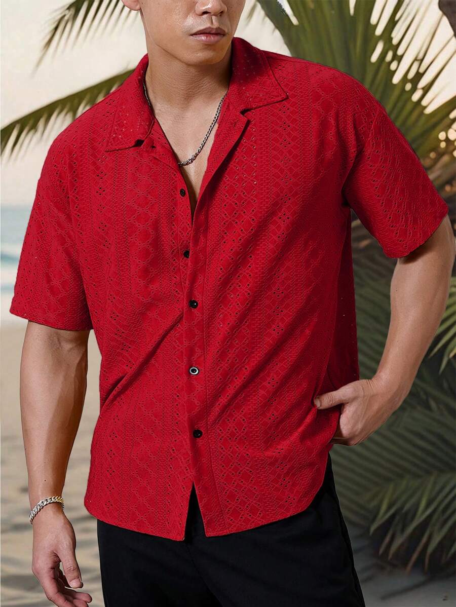 Chemise jacquard texturée au crochet pour homme - Tricot géométrique décontracté