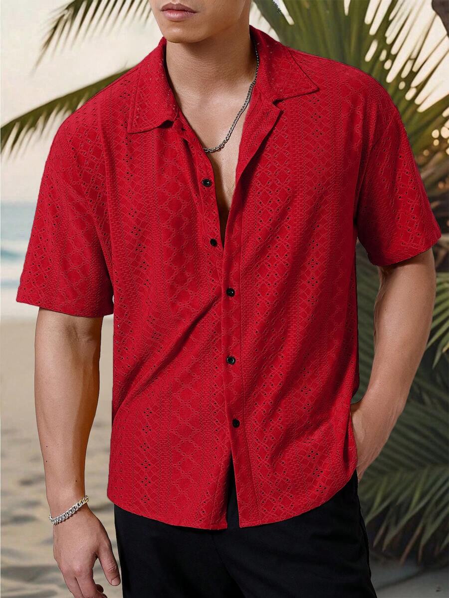 Chemise jacquard texturée au crochet pour homme - Tricot géométrique décontracté