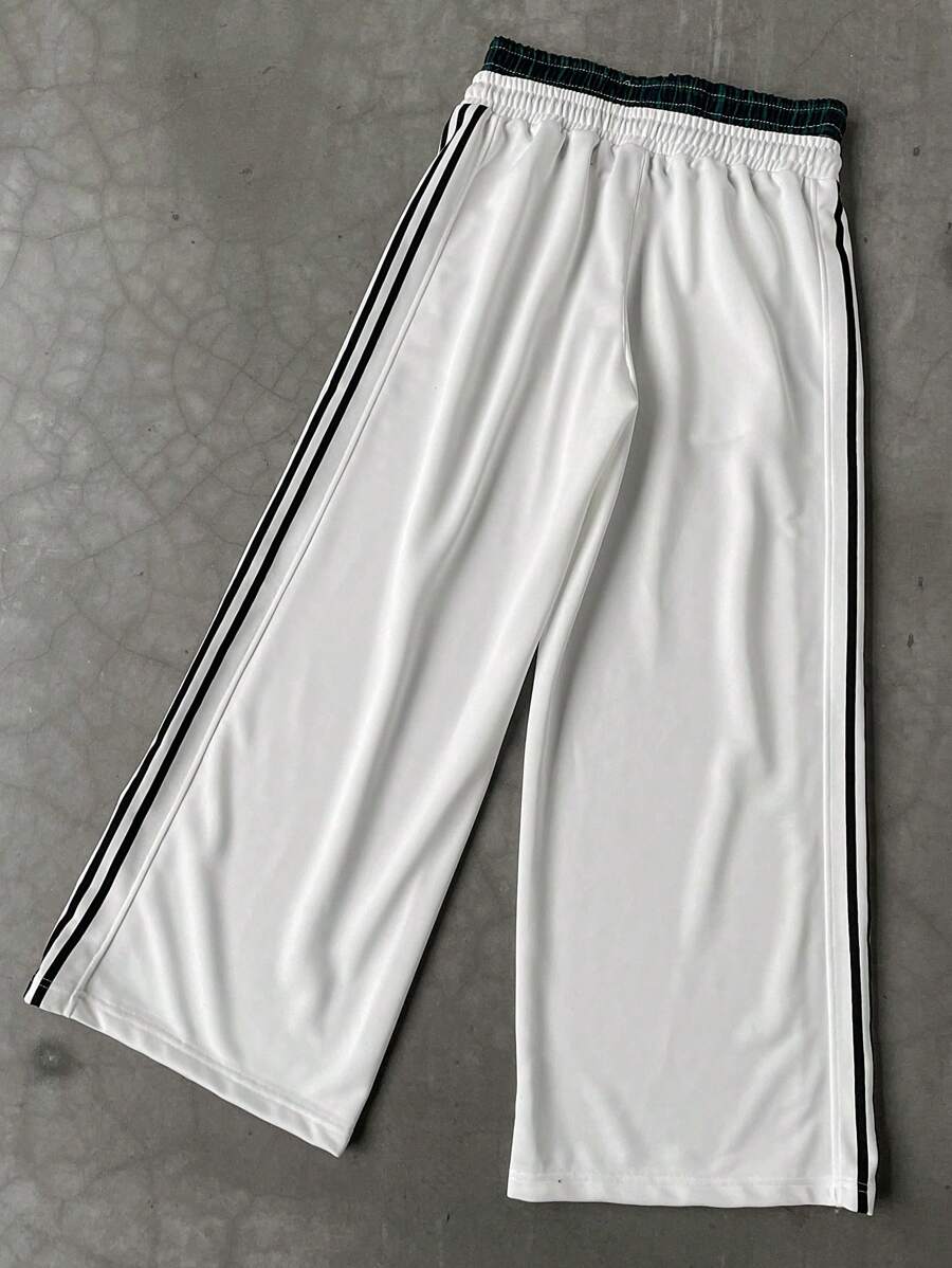 Pantalon de survêtement à rayures et jambes larges avec ceinture double épaisseur
