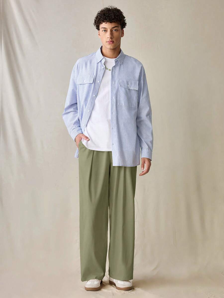 Pantalon décontracté à jambe droite et taille élastique pour homme, couleur unie