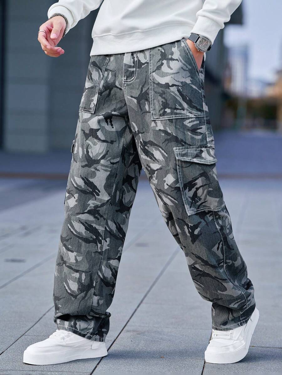 Pantalon cargo ample camouflage pour homme – Pantalon utilitaire à jambe large