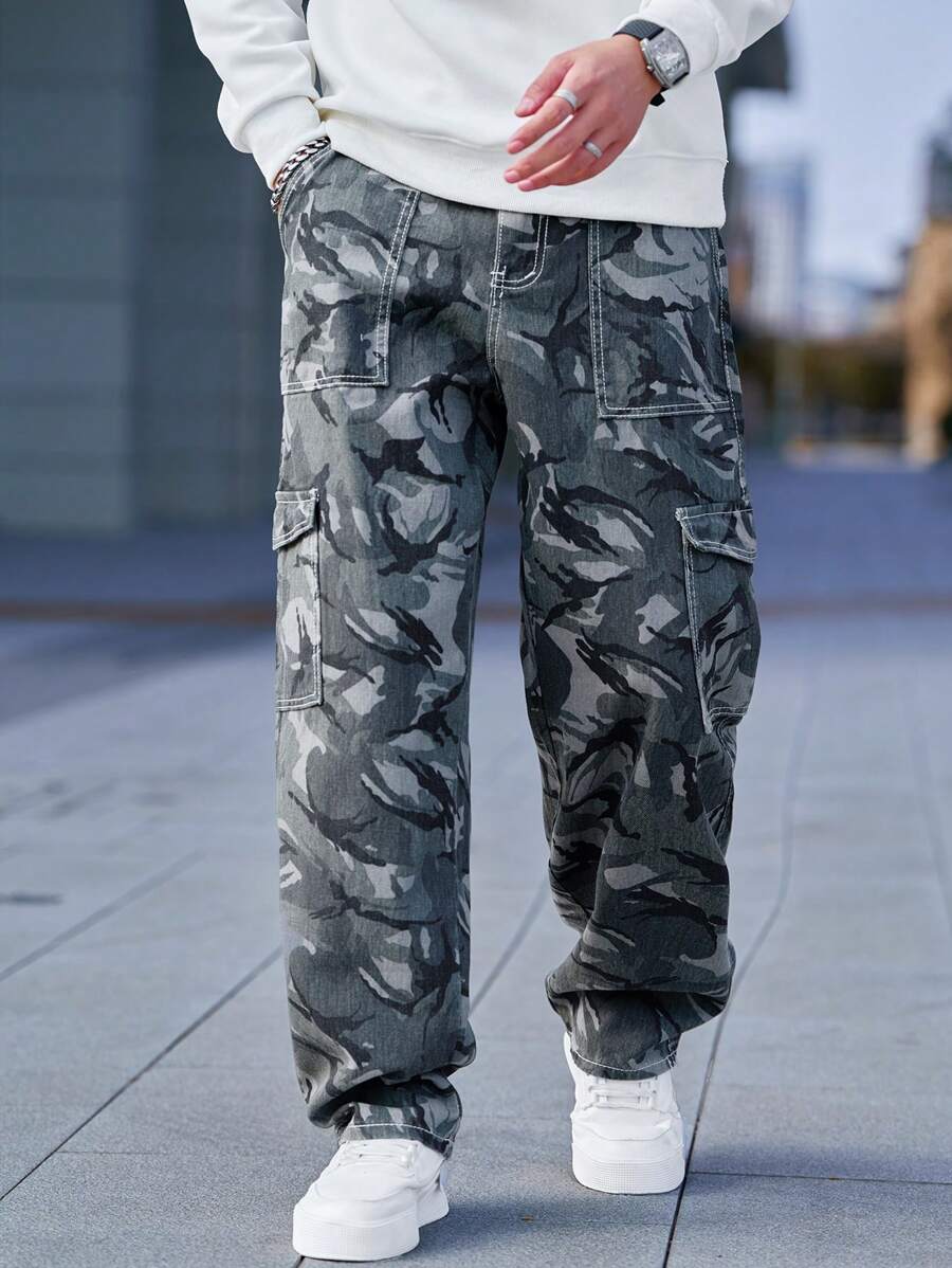Pantalon cargo ample camouflage pour homme – Pantalon utilitaire à jambe large