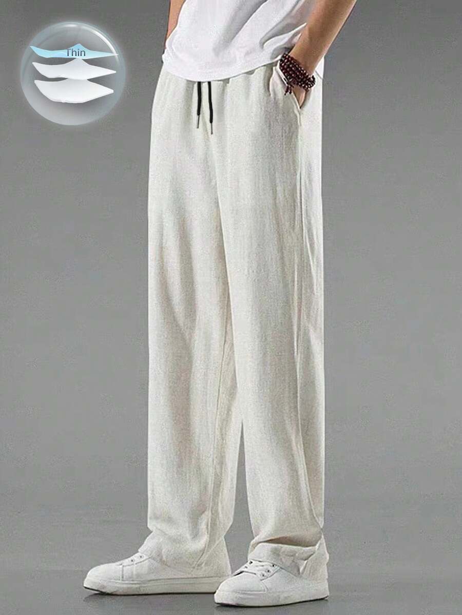 Pantalon de lin avec cordon de serrage pour homme – Pantalon ample coupe droite