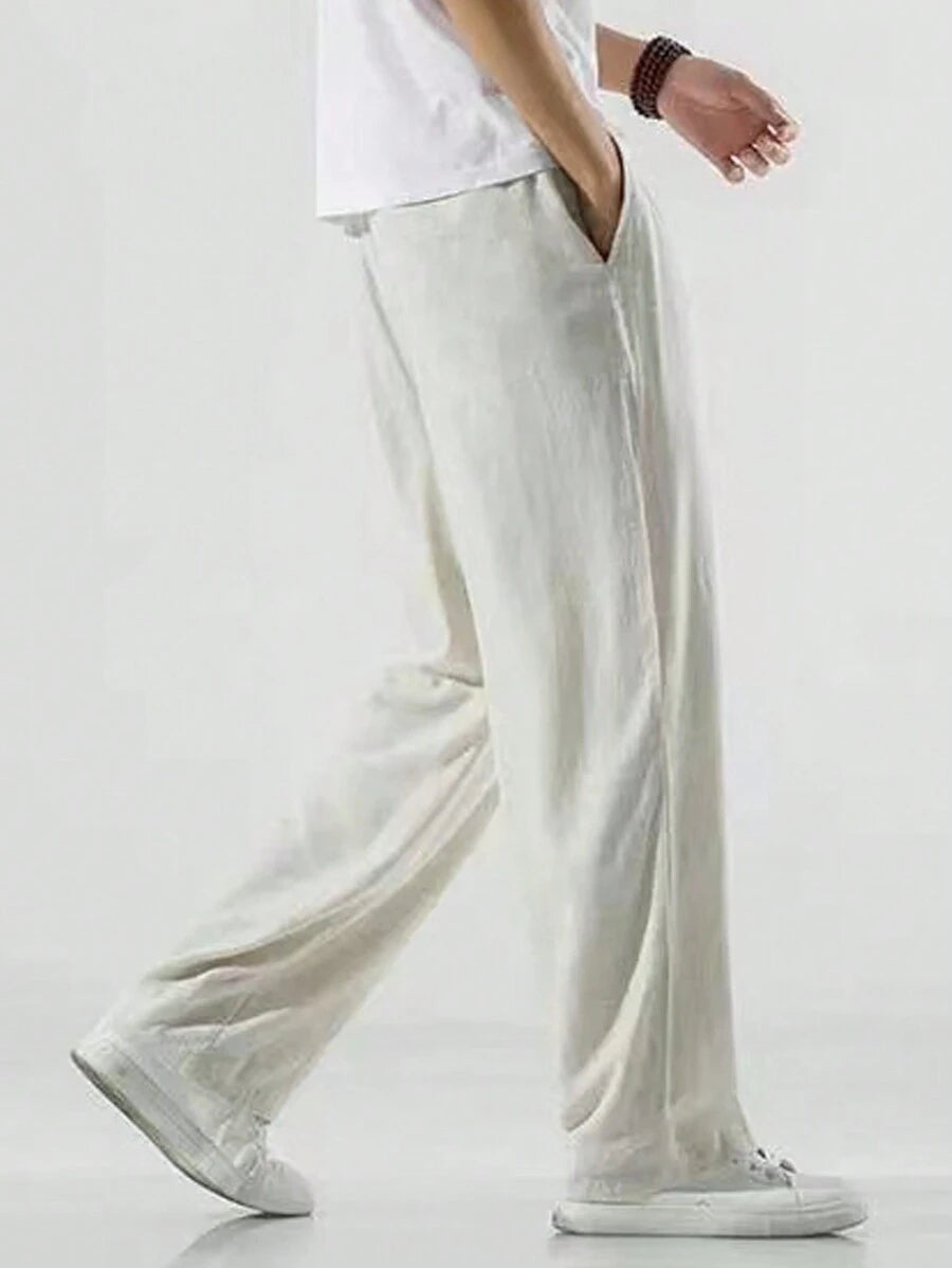Pantalon de lin avec cordon de serrage pour homme – Pantalon ample coupe droite