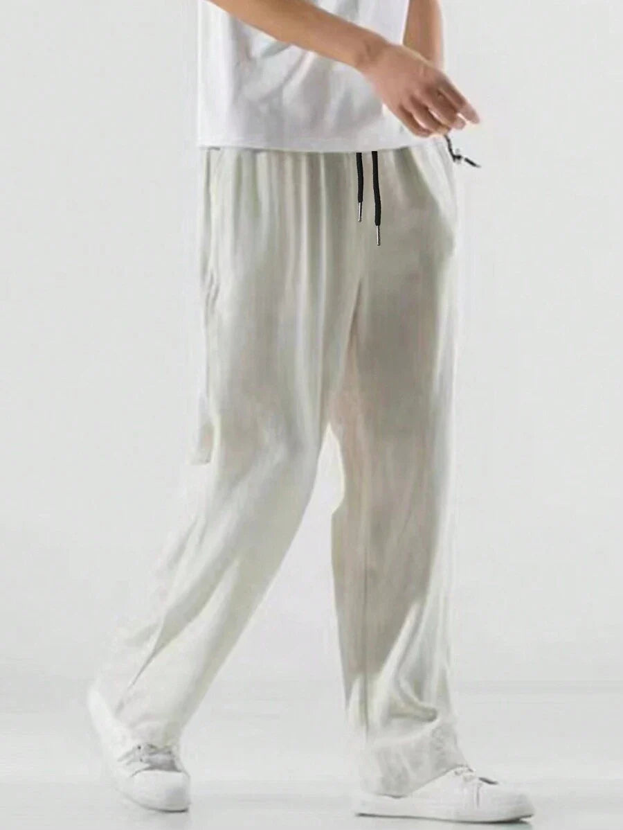 Pantalon ample de lin avec cordon de serrage pour homme – Coupe droite décontractée