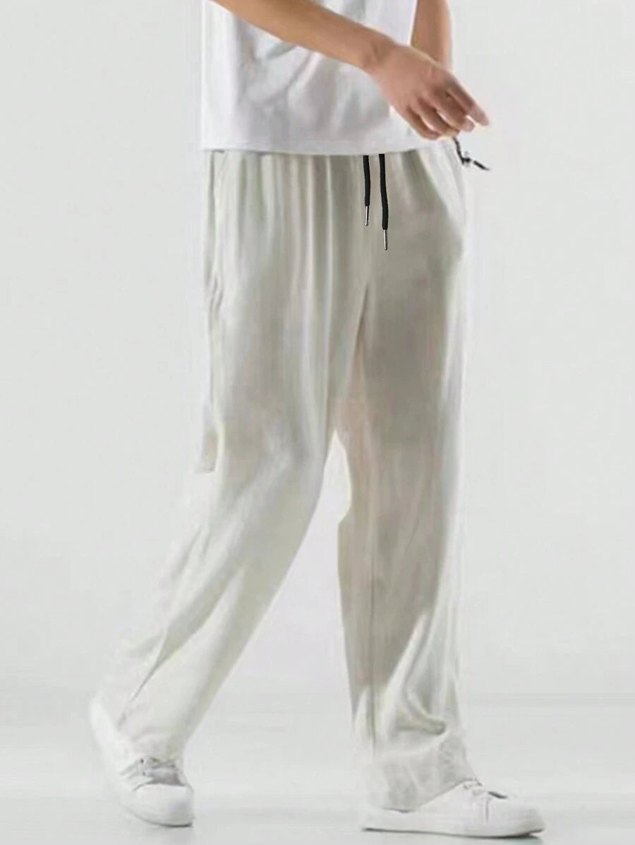 Pantalon de lin avec cordon de serrage pour homme – Pantalon ample coupe droite