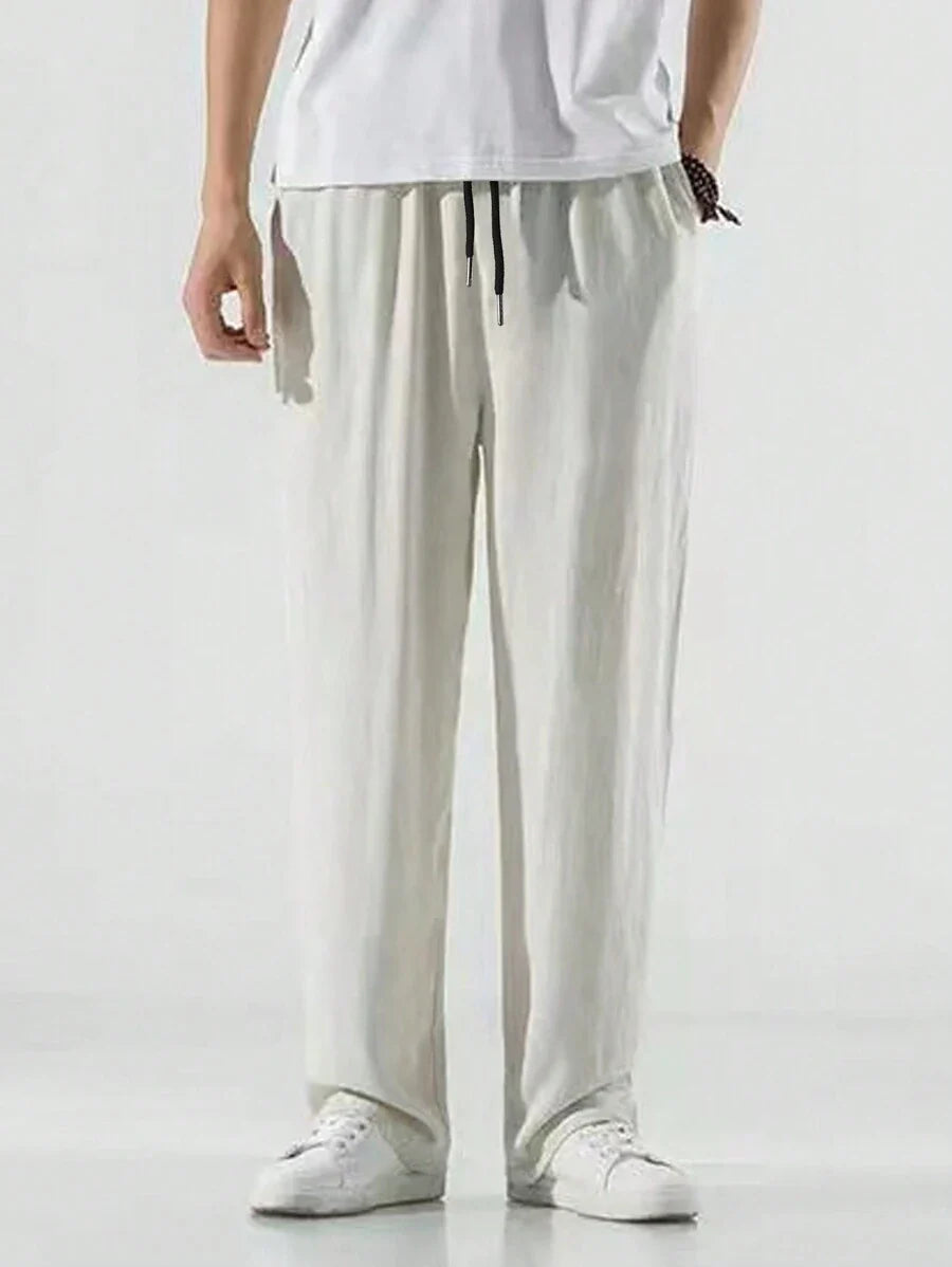 Pantalon ample de lin avec cordon de serrage pour homme – Coupe droite décontractée