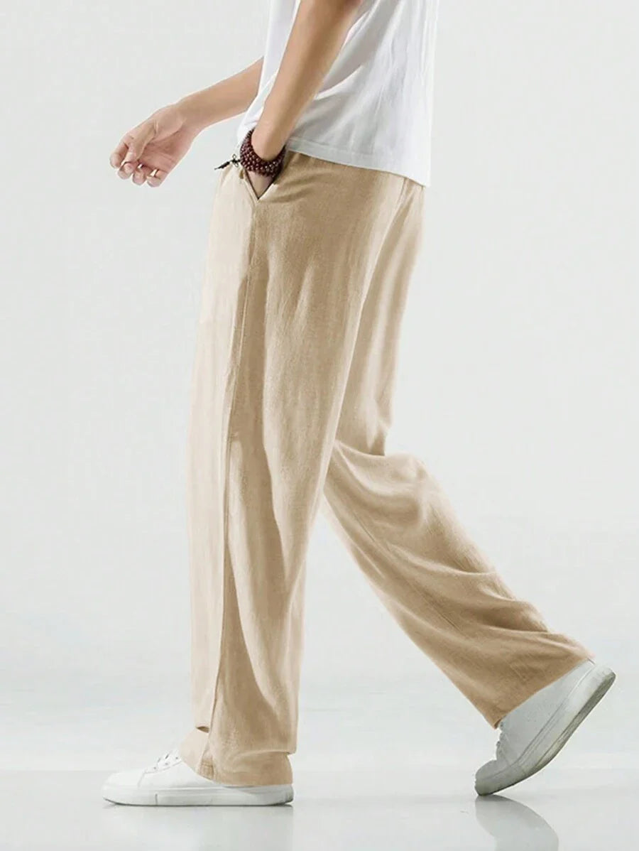 Pantalon ample de lin avec cordon de serrage pour homme – Coupe droite décontractée