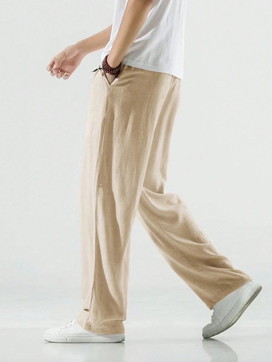 Pantalon de lin avec cordon de serrage pour homme – Pantalon ample coupe droite