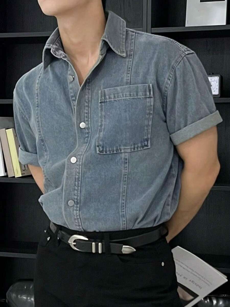 Chemise en jean bleu uni boutonnée pour homme - Tenue décontractée d'été