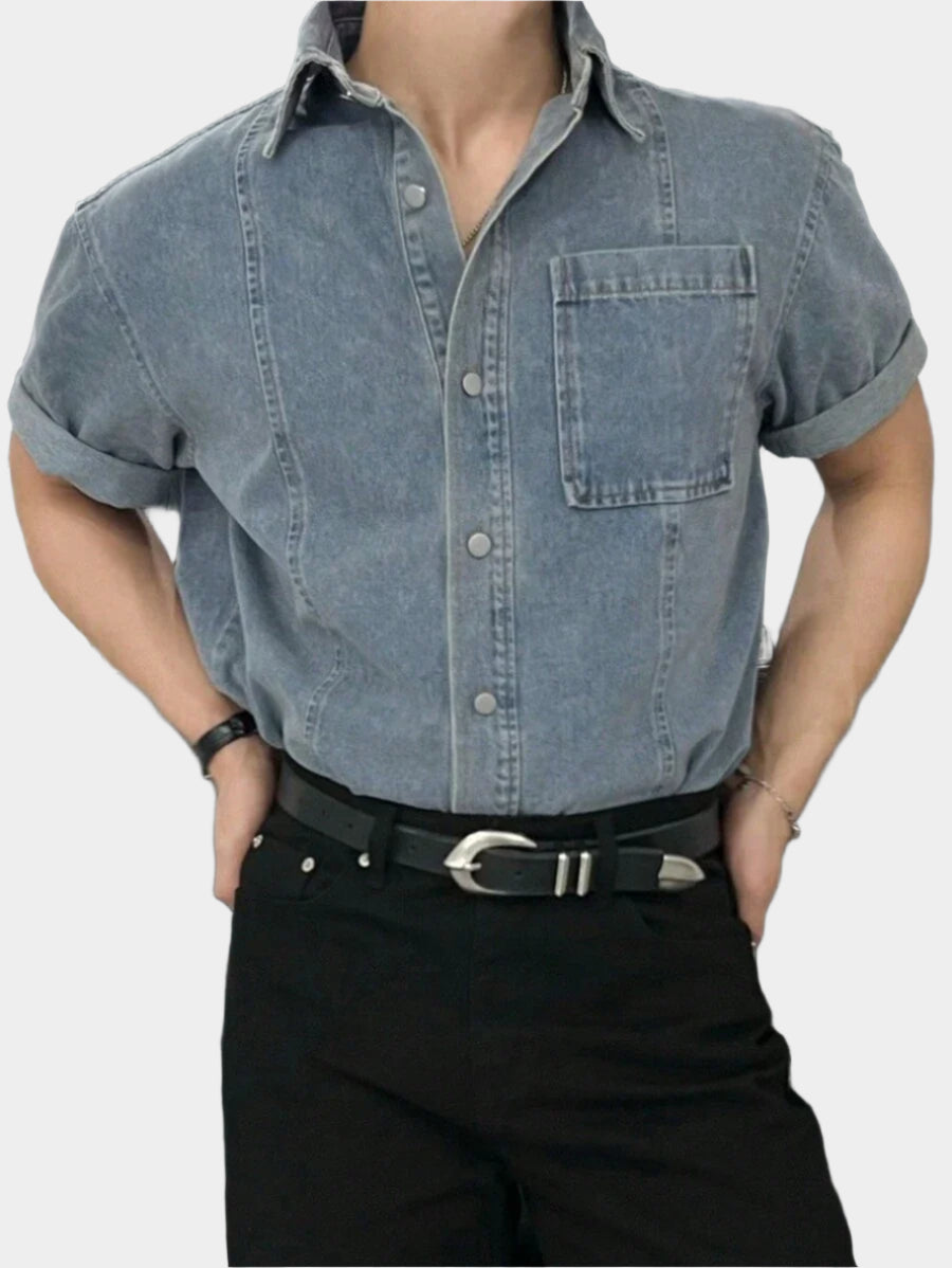 Chemise en jean bleu uni boutonnée pour homme - Tenue décontractée d'été