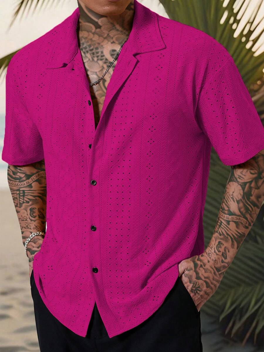 Chemise jacquard texturée au crochet pour homme - Tricot géométrique décontracté