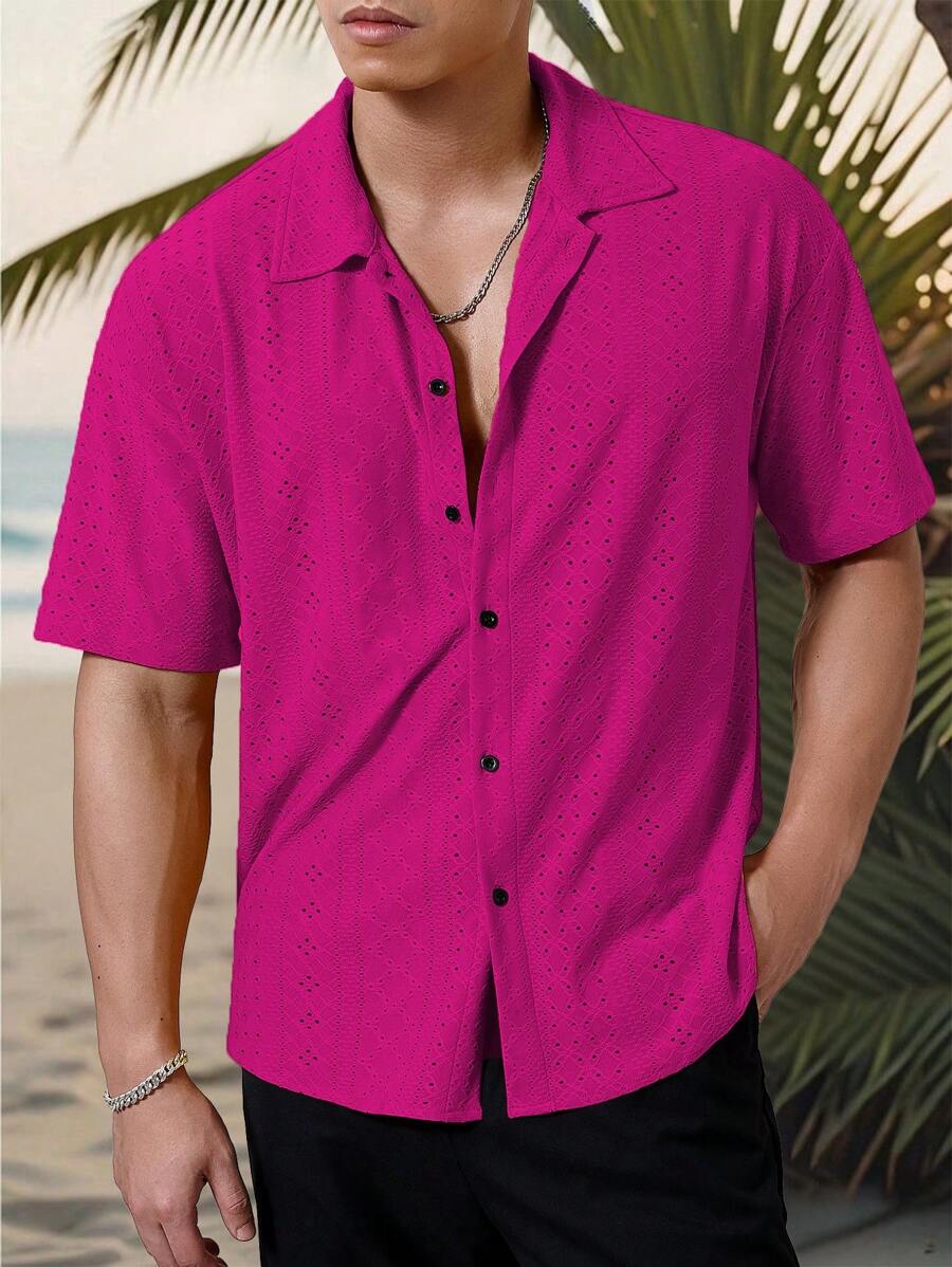 Chemise jacquard texturée au crochet pour homme - Tricot géométrique décontracté