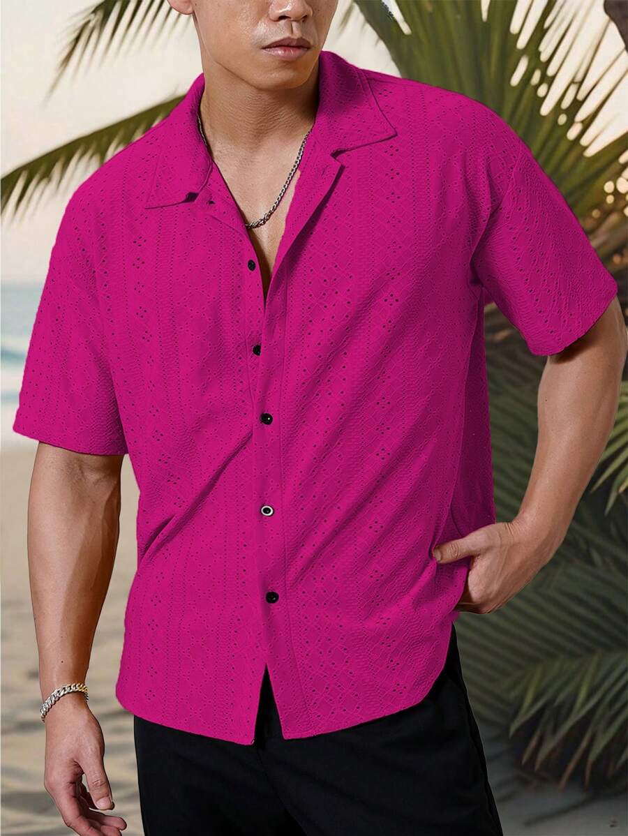 Chemise jacquard texturée au crochet pour homme - Tricot géométrique décontracté
