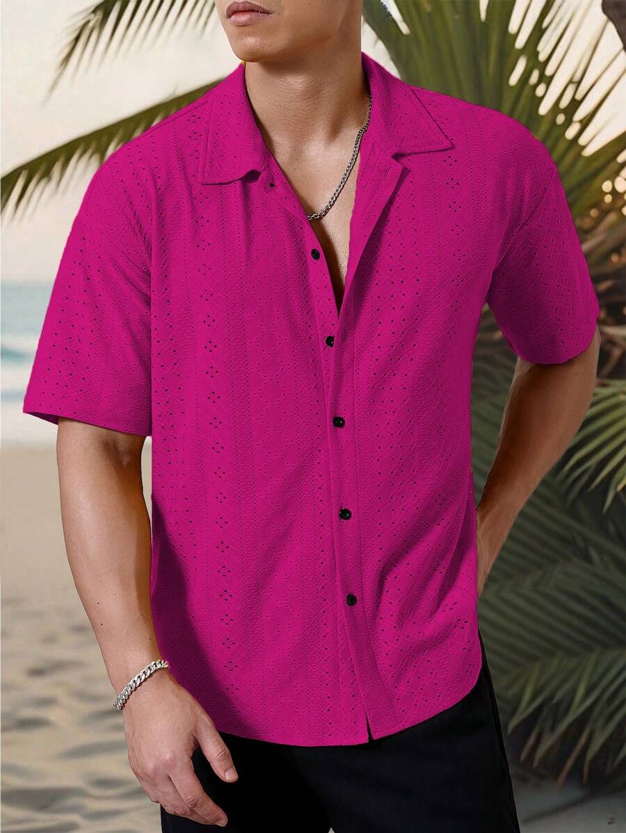 Chemise jacquard texturée au crochet pour homme - Tricot géométrique décontracté