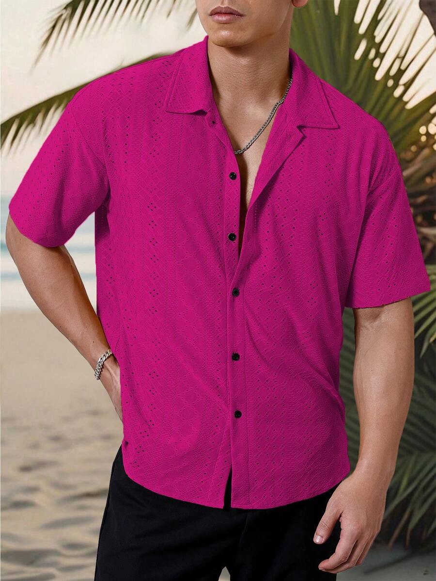 Chemise jacquard texturée au crochet pour homme - Tricot géométrique décontracté