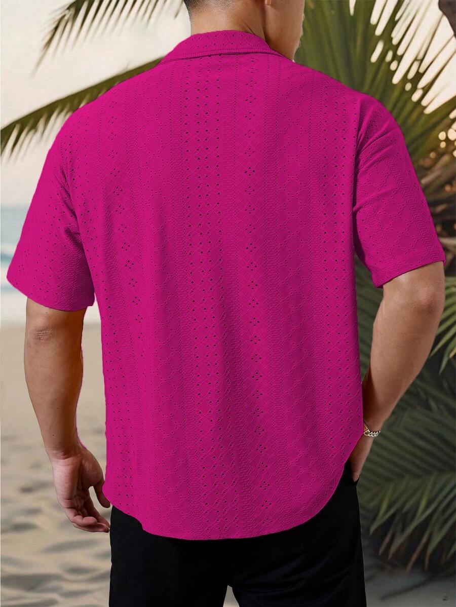 Chemise jacquard texturée au crochet pour homme - Tricot géométrique décontracté