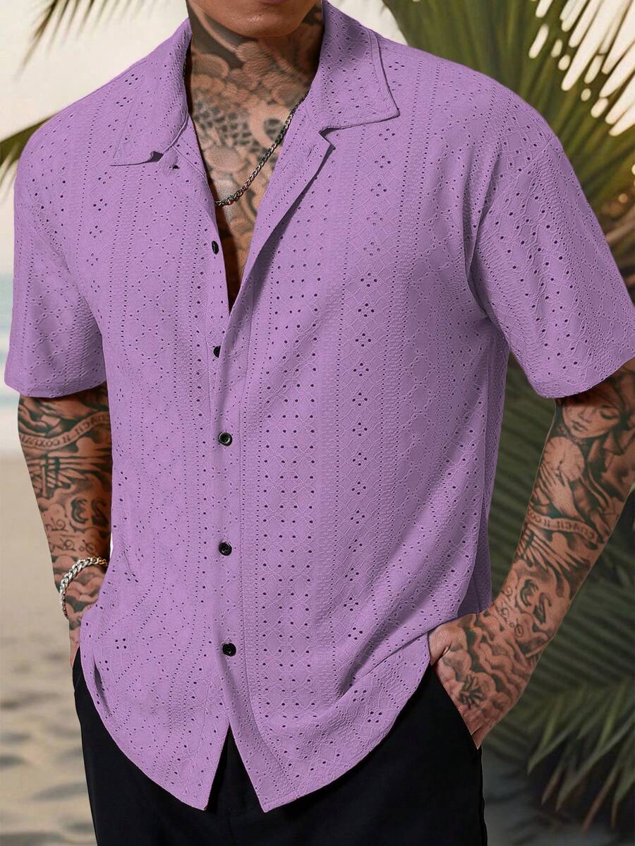 Chemise jacquard texturée au crochet pour homme - Tricot géométrique décontracté