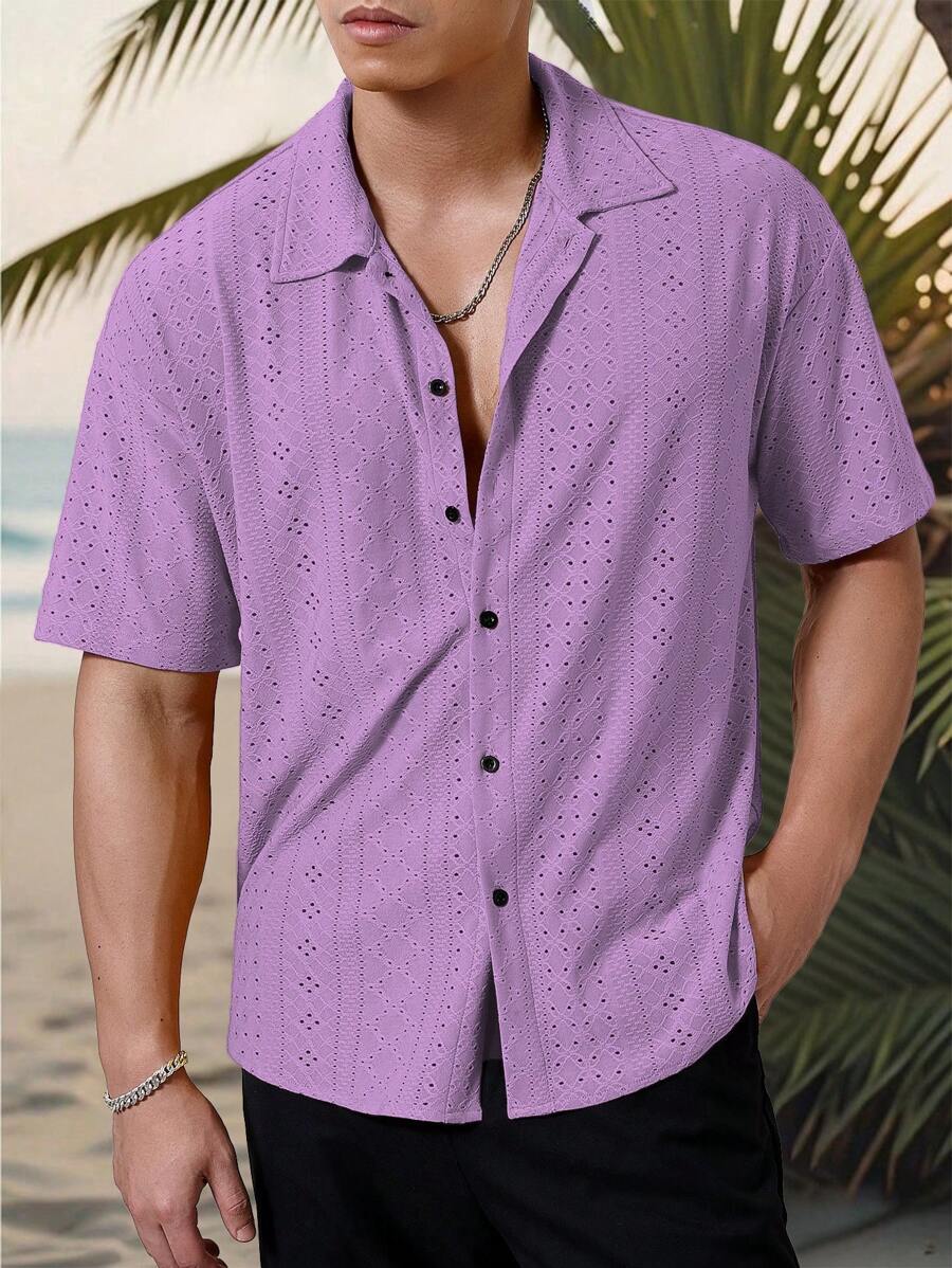 Chemise jacquard texturée au crochet pour homme - Tricot géométrique décontracté