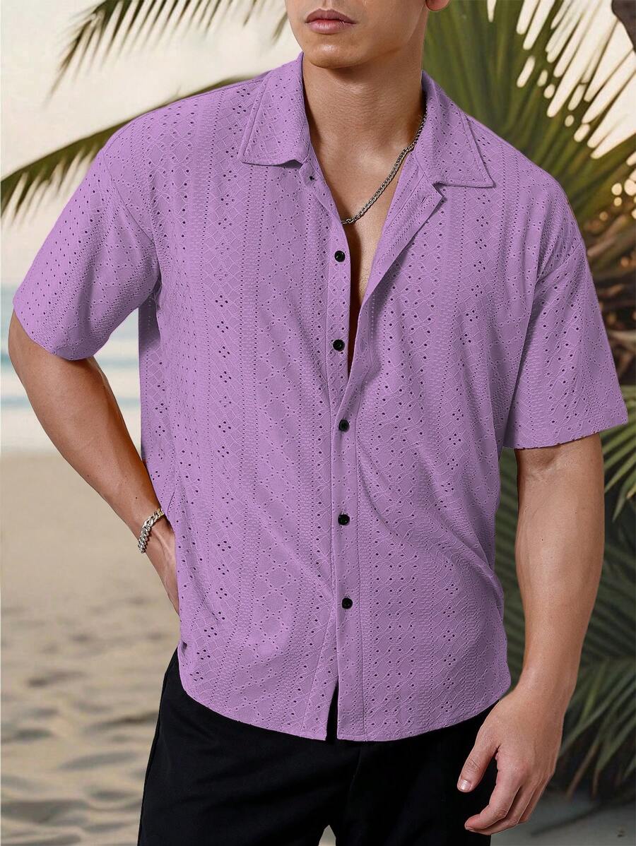 Chemise jacquard texturée au crochet pour homme - Tricot géométrique décontracté