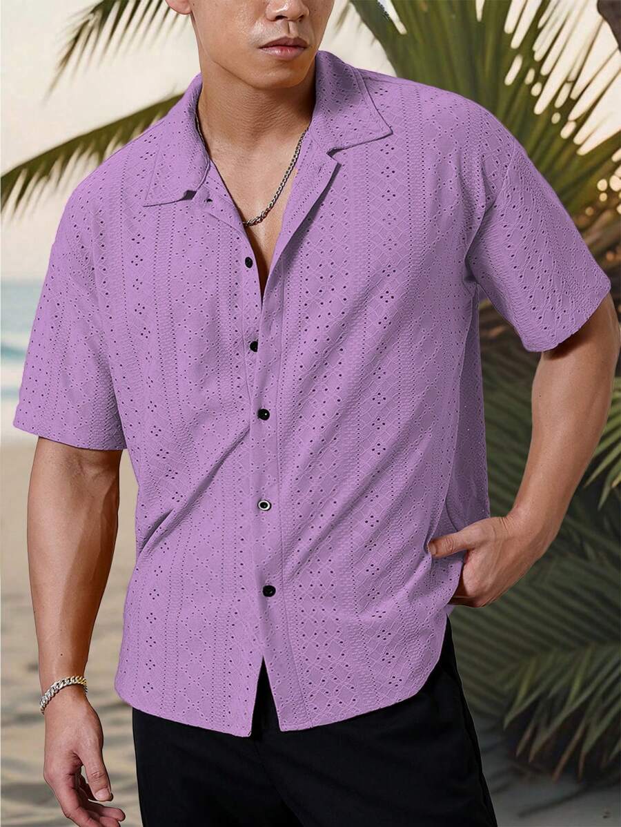 Chemise jacquard texturée au crochet pour homme - Tricot géométrique décontracté
