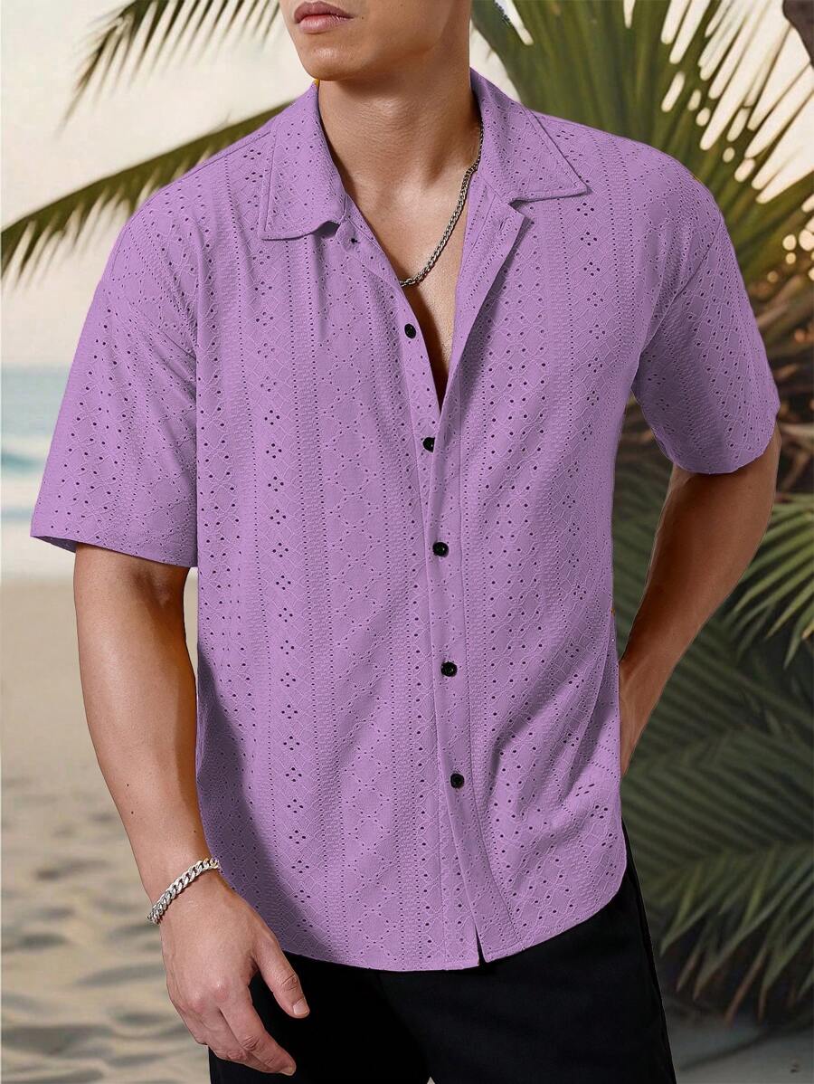Chemise jacquard texturée au crochet pour homme - Tricot géométrique décontracté