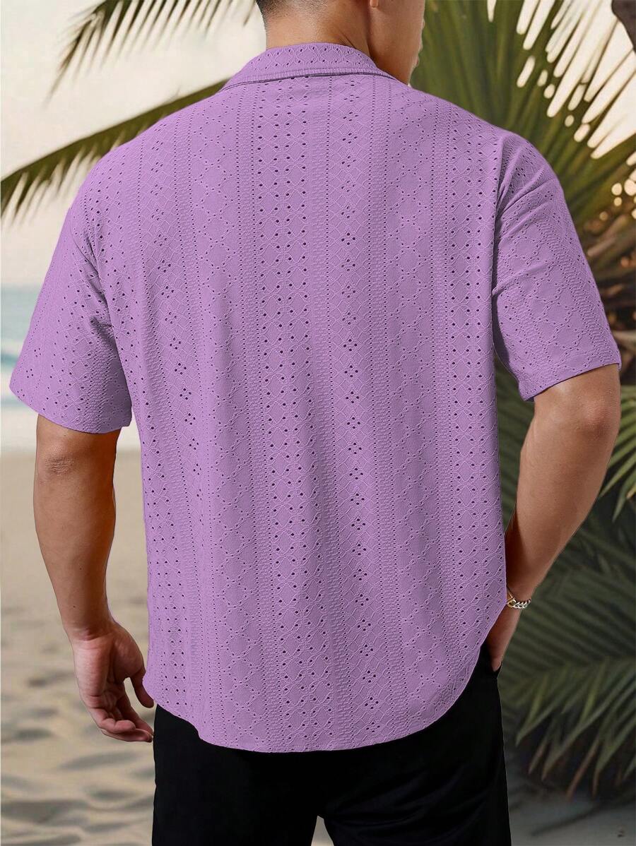 Chemise jacquard texturée au crochet pour homme - Tricot géométrique décontracté