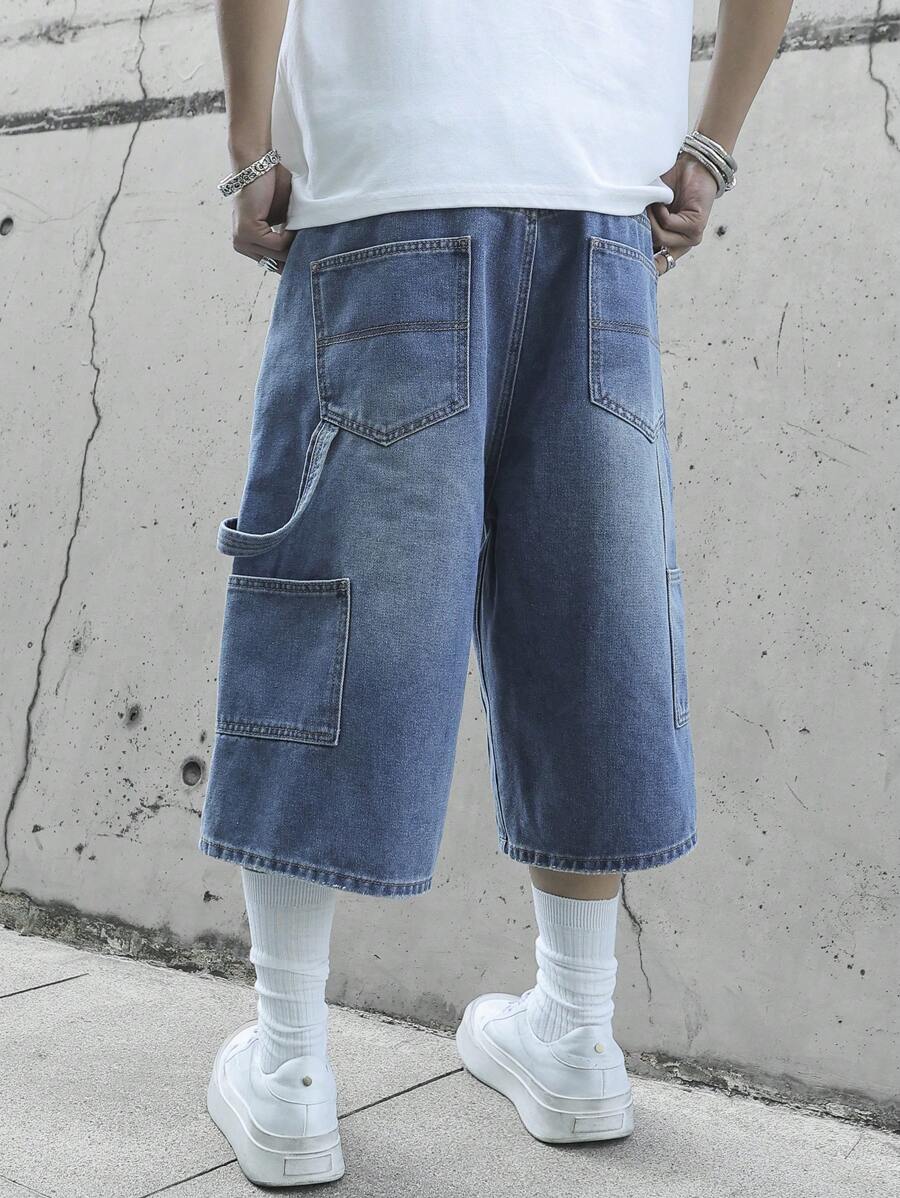 Jorts en jean bleu moyen, style cargo patchwork, coupe ample streetwear
