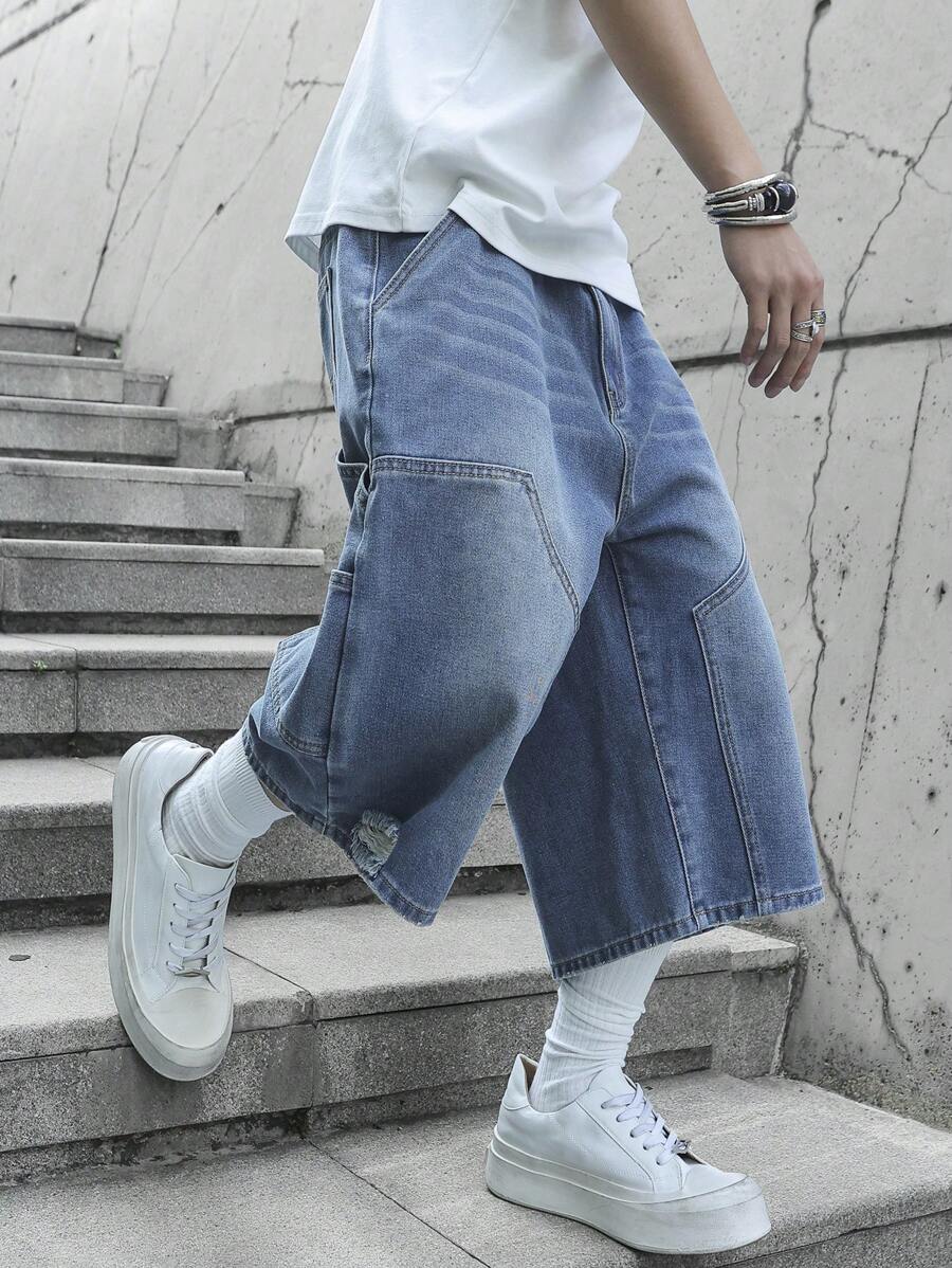 Jorts en jean bleu moyen, style cargo patchwork, coupe ample streetwear