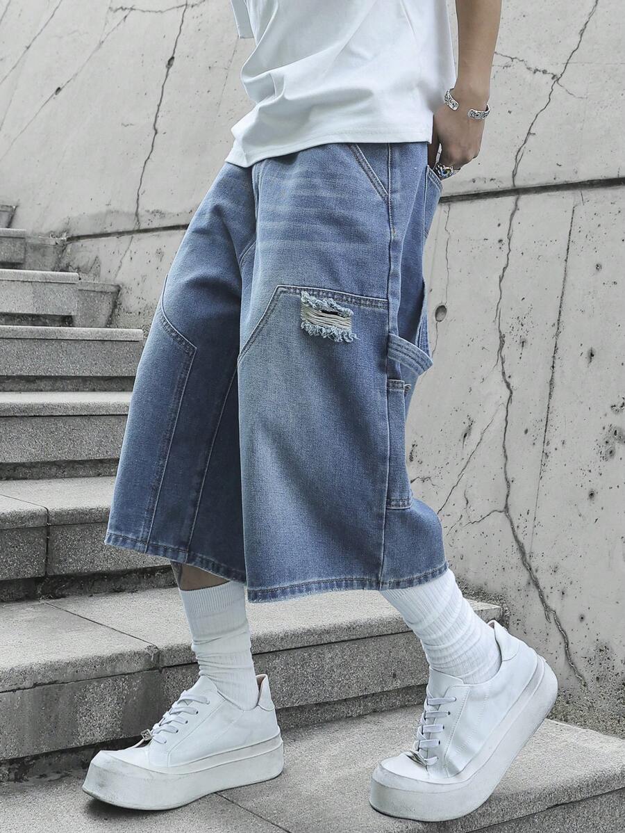 Jorts en jean bleu moyen, style cargo patchwork, coupe ample streetwear
