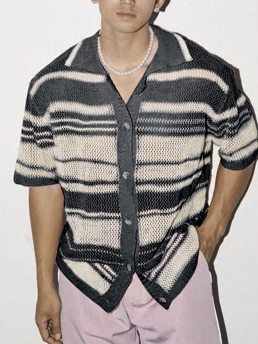Chemises au crochet à rayures boutonnées pour homme, chemise d'été décontractée
