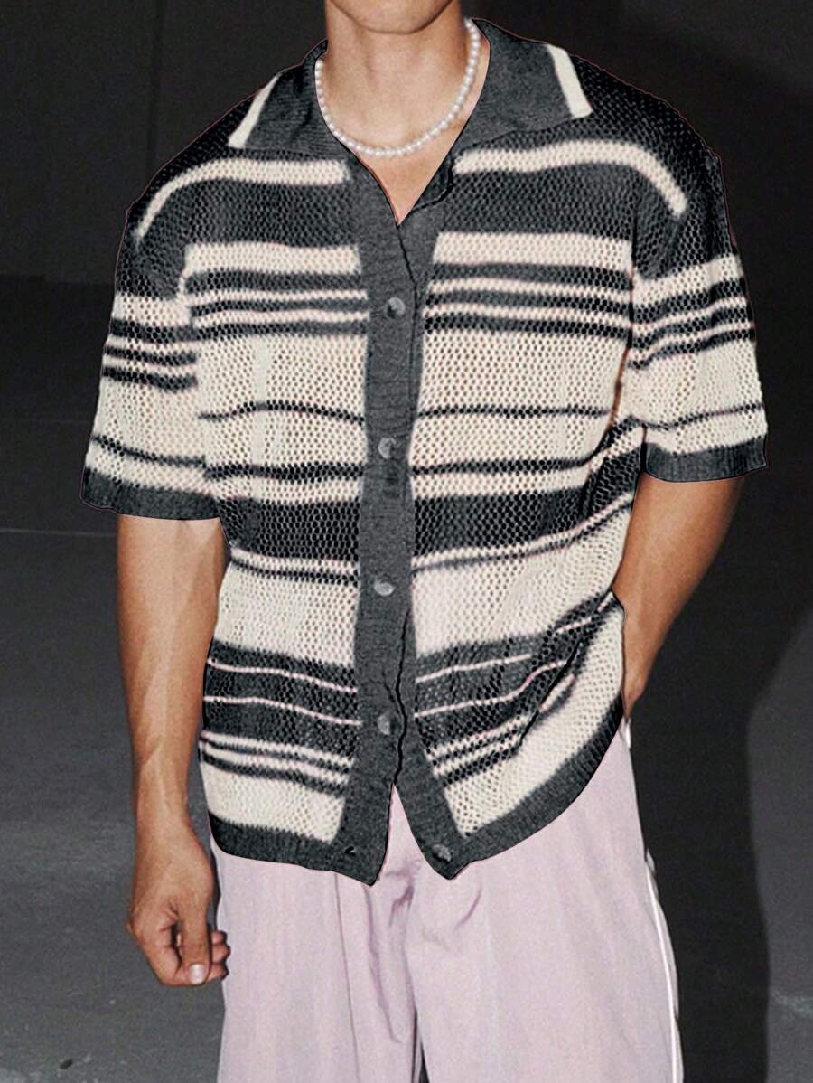 Chemises au crochet à rayures boutonnées pour homme, chemise d'été décontractée