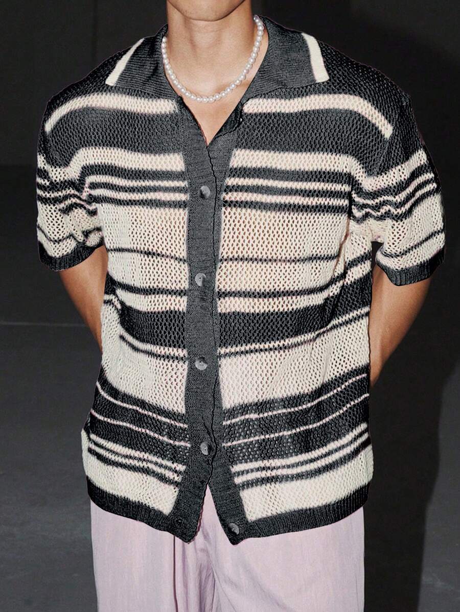 Chemises au crochet à rayures boutonnées pour homme, chemise d'été décontractée