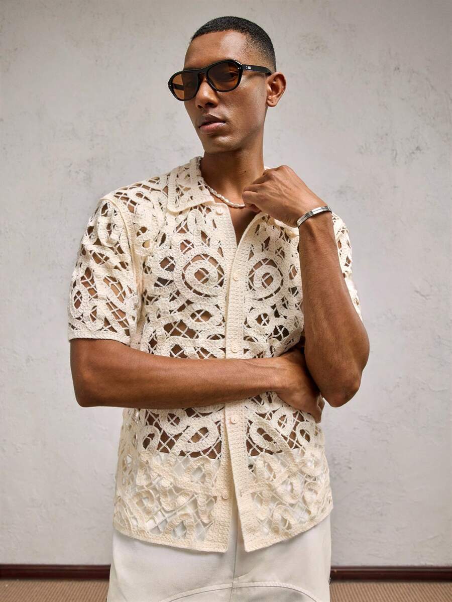 Chemises boutonnées décontractées d'été au crochet pour hommes