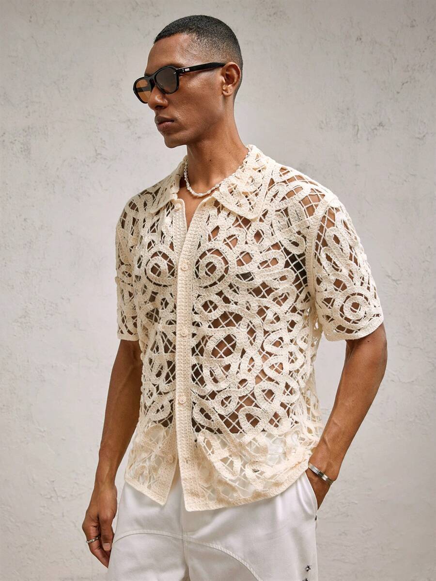 Chemises boutonnées décontractées d'été au crochet pour hommes