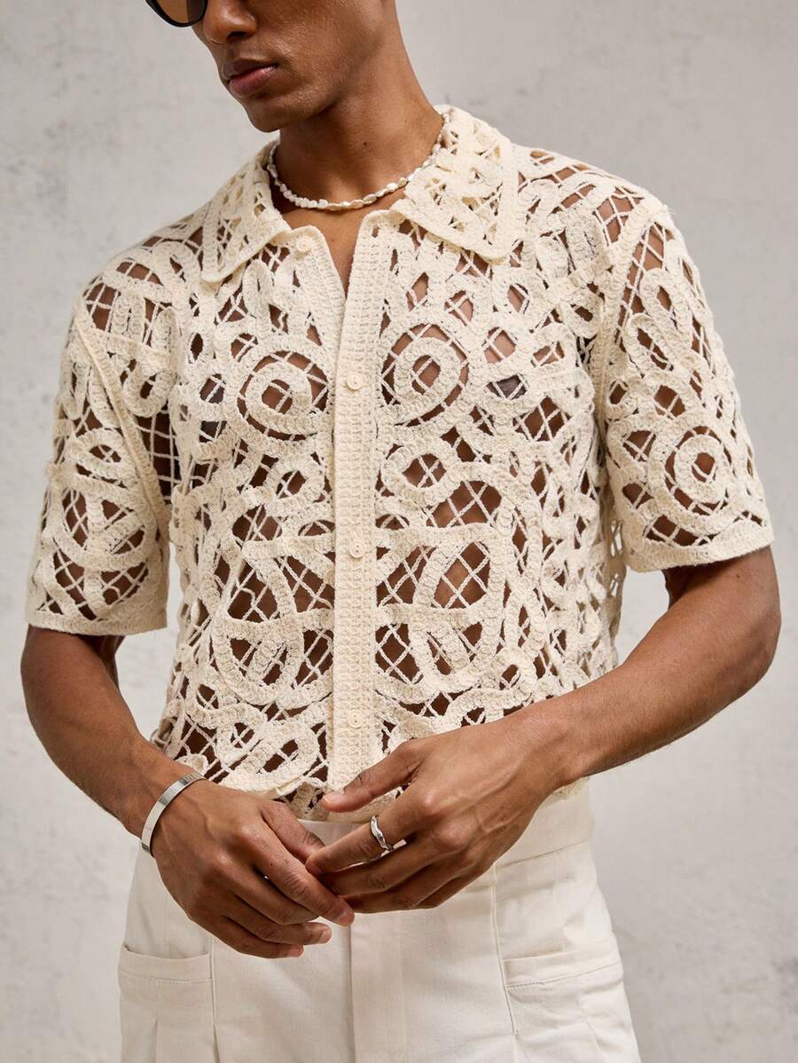 Chemises boutonnées décontractées d'été au crochet pour hommes