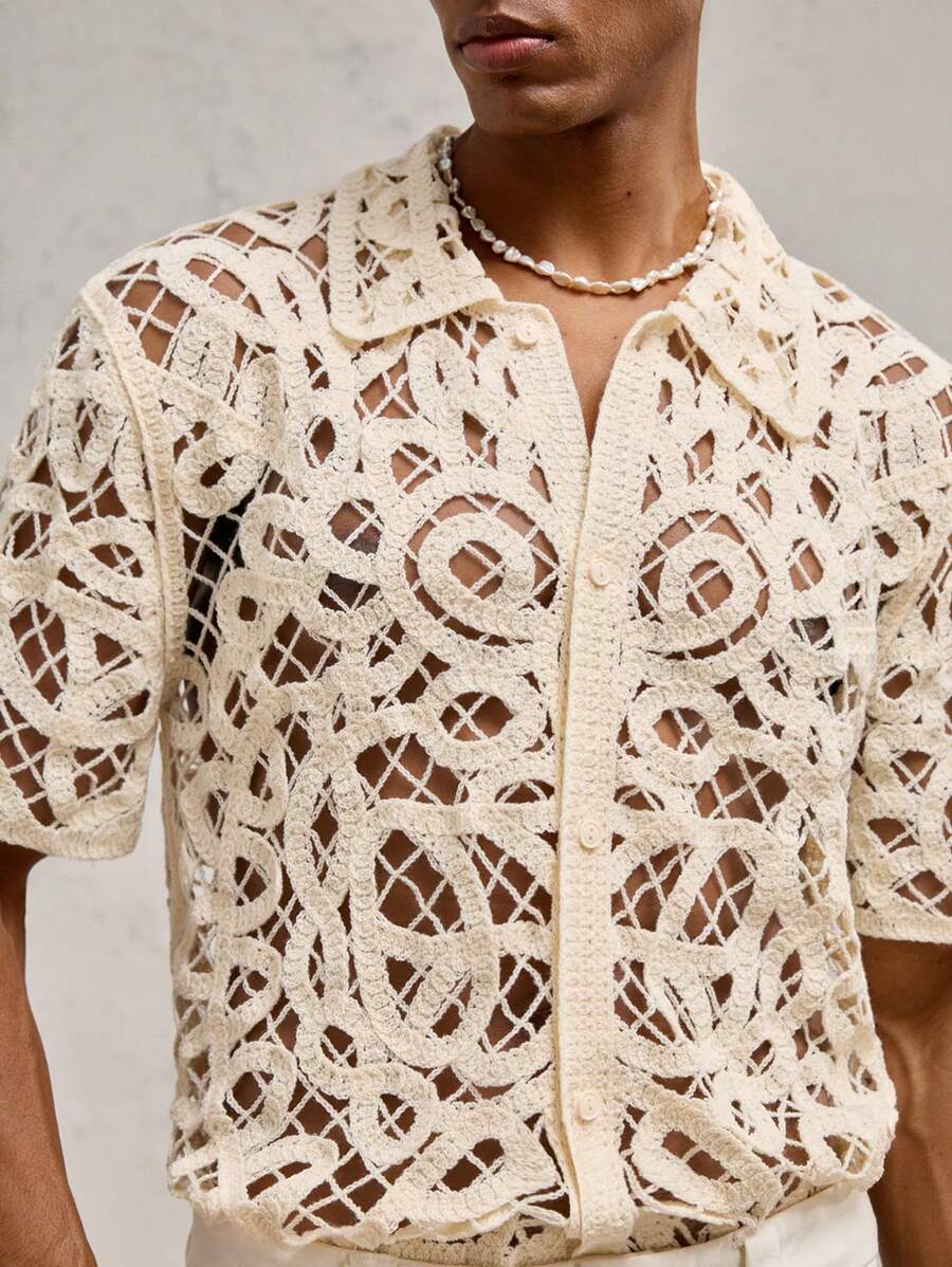 Chemises boutonnées décontractées d'été au crochet pour hommes
