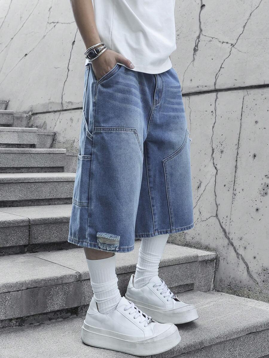 Jorts en jean bleu moyen, style cargo patchwork, coupe ample streetwear