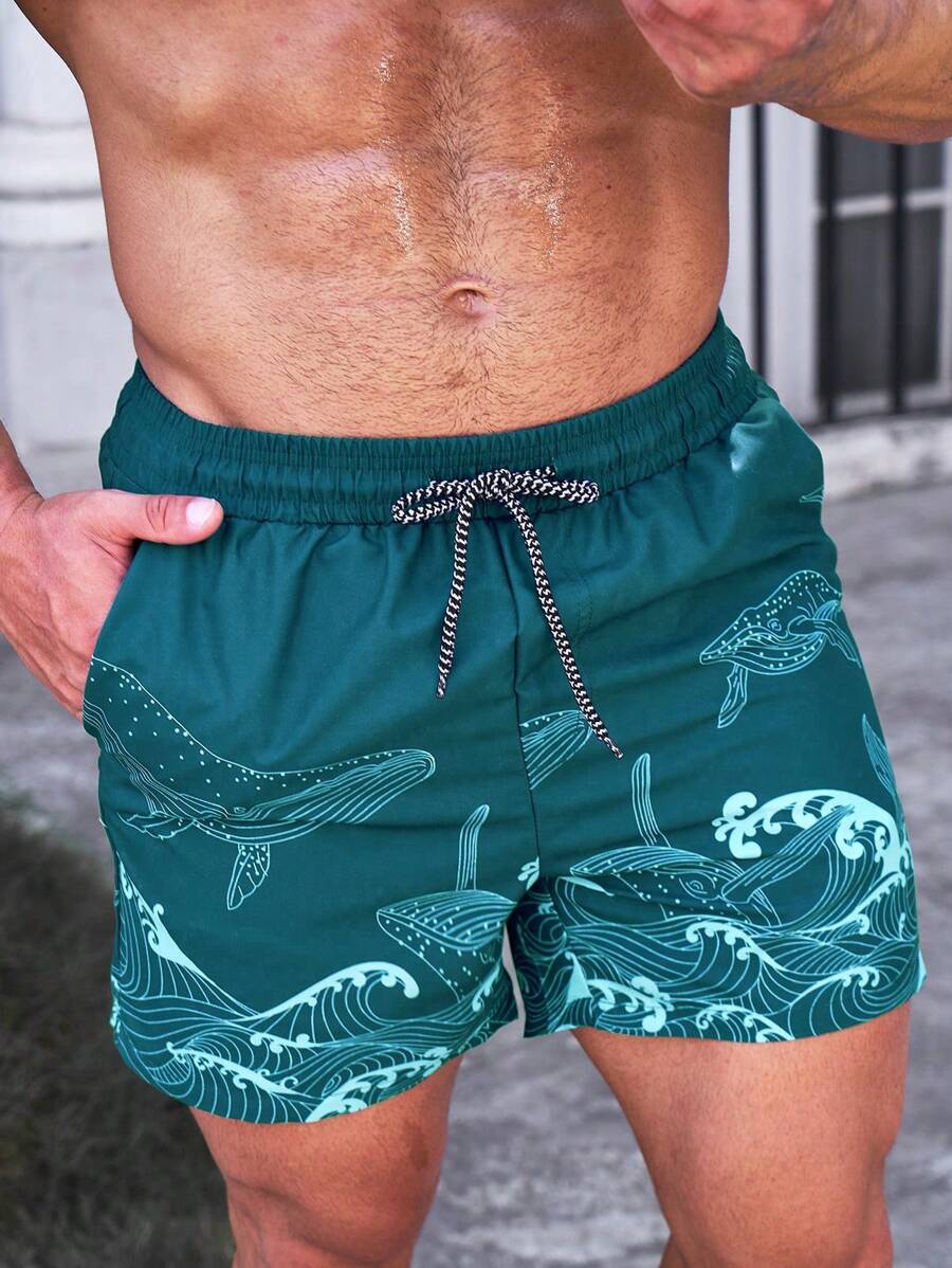Short court imprimé vagues hawaïennes et baleines pour homme