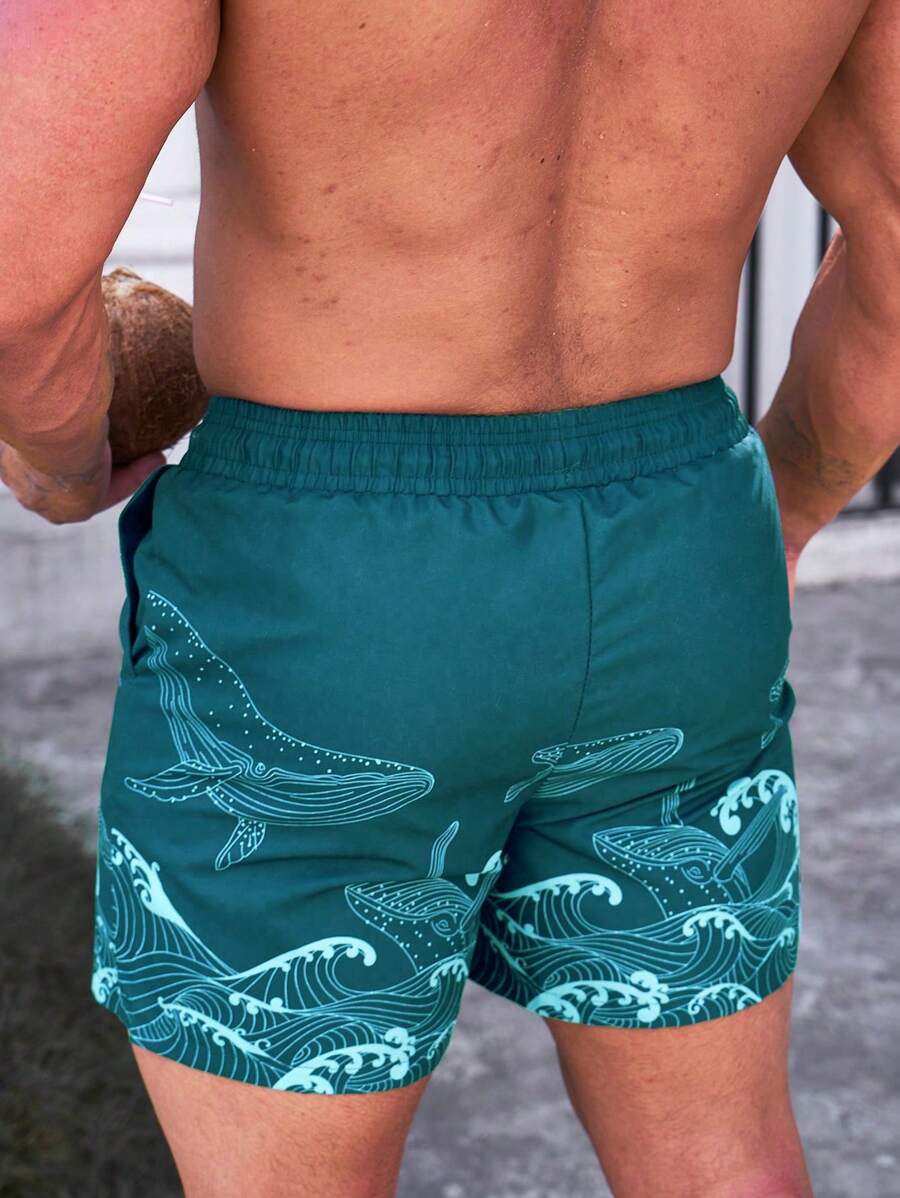 Short court imprimé vagues hawaïennes et baleines pour homme