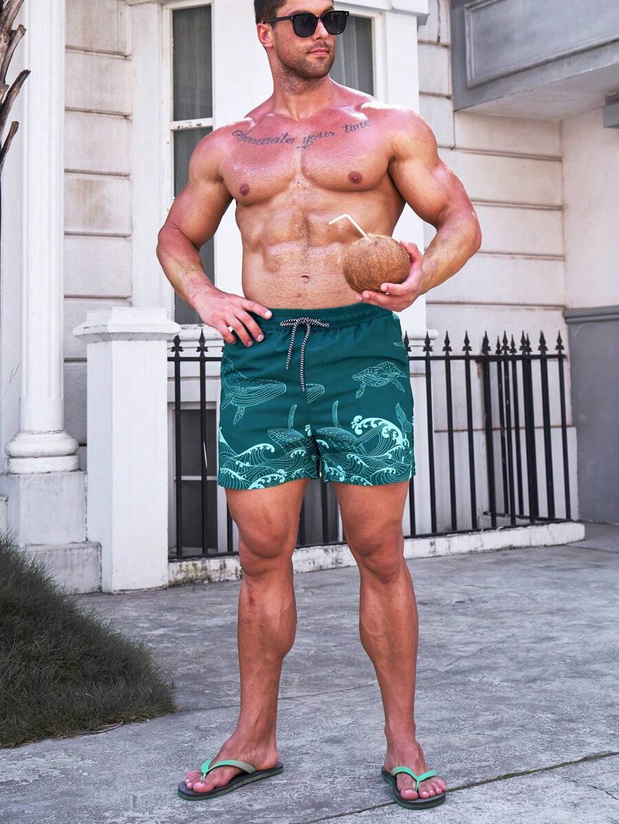 Short court imprimé vagues hawaïennes et baleines pour homme