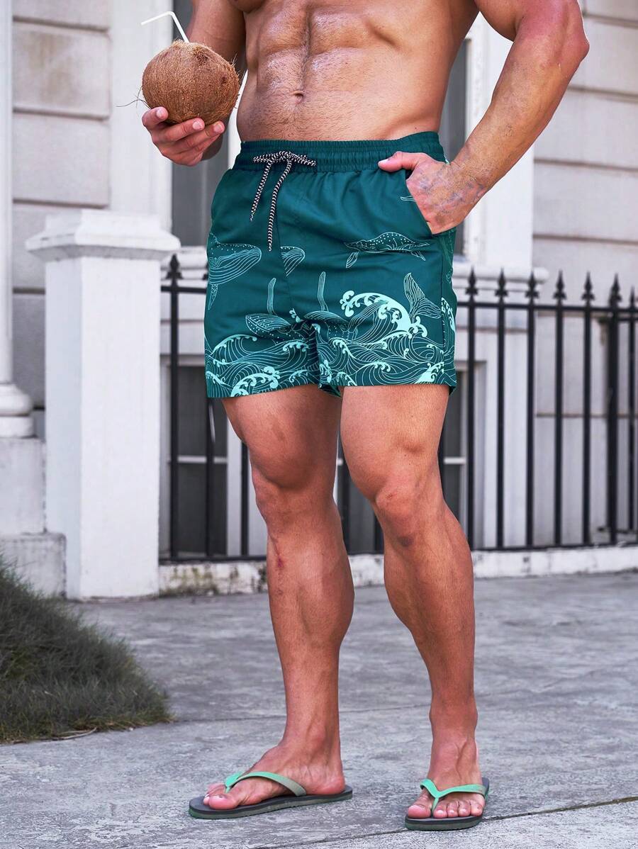 Short court imprimé vagues hawaïennes et baleines pour homme