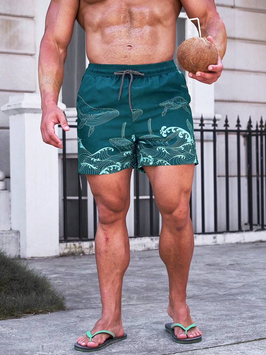 Short court imprimé vagues hawaïennes et baleines pour homme