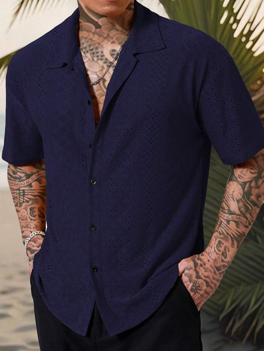 Chemise jacquard texturée au crochet pour homme - Tricot géométrique décontracté