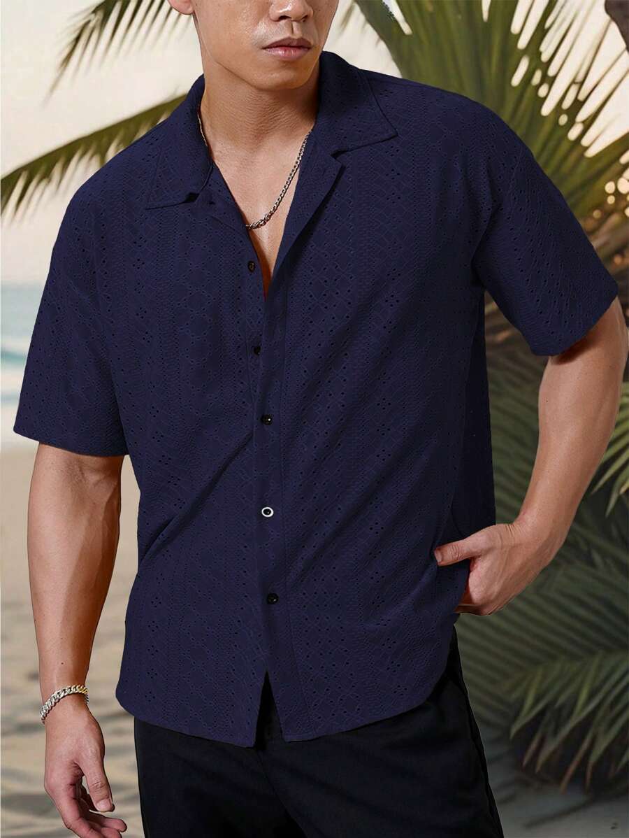 Chemise jacquard texturée au crochet pour homme - Tricot géométrique décontracté