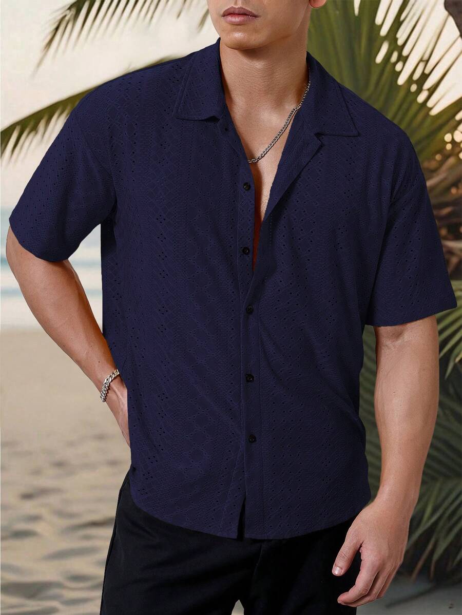 Chemise jacquard texturée au crochet pour homme - Tricot géométrique décontracté