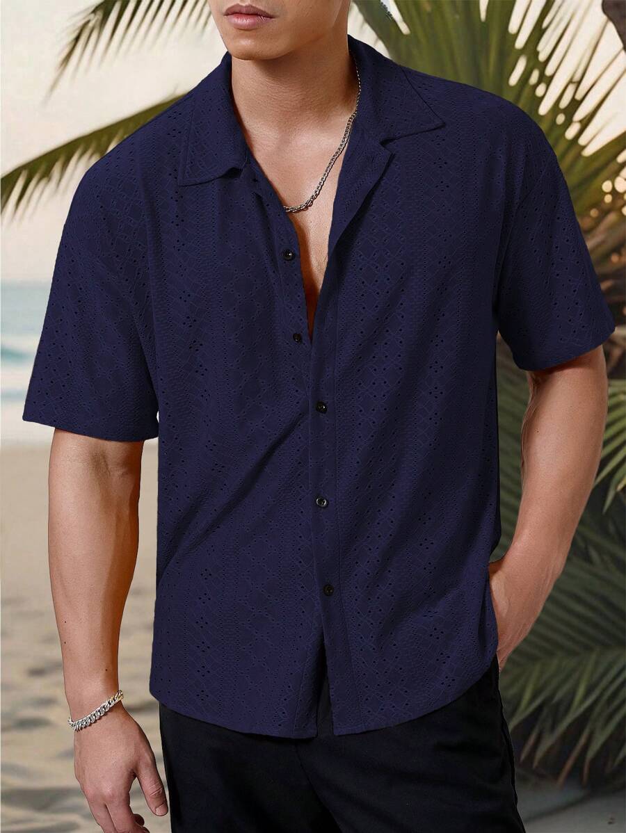 Chemise jacquard texturée au crochet pour homme - Tricot géométrique décontracté