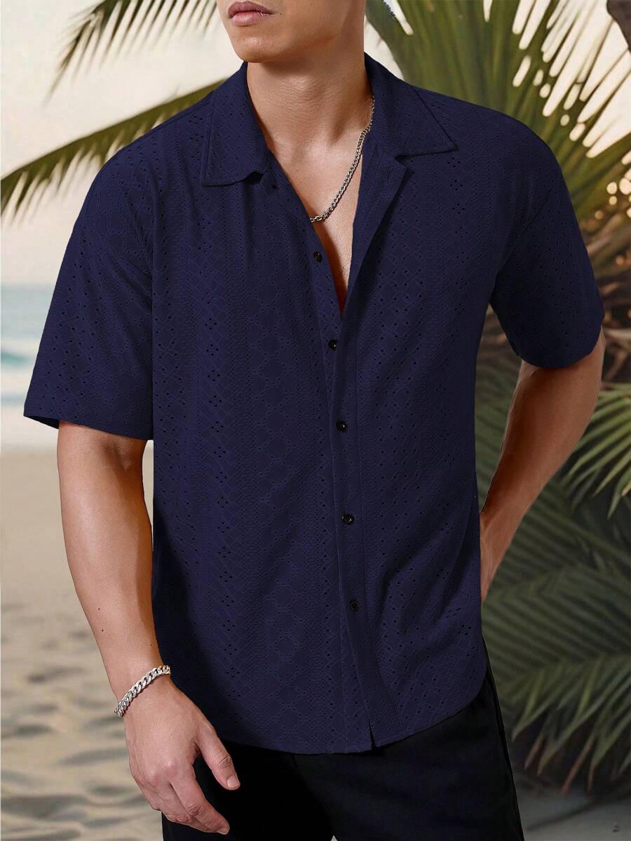 Chemise jacquard texturée au crochet pour homme - Tricot géométrique décontracté