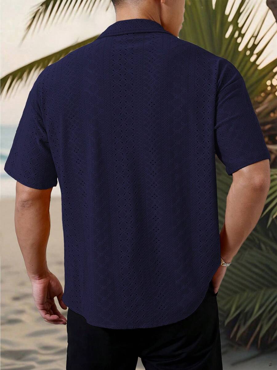 Chemise jacquard texturée au crochet pour homme - Tricot géométrique décontracté