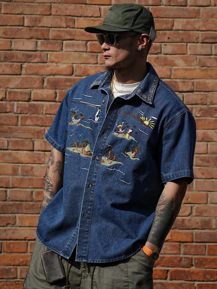 Chemise en jean décontractée à motif estival avec bouton sur le devant pour homme